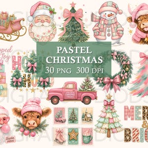 May include: A collection of pastel Christmas digital illustrations featuring a pink sleigh, Santa Claus, decorated trees, a snowman, a highland cow, a pink truck, gift boxes, a wreath, and the text Wrapped in Joy, Merry & Bright, and Santa vibes.