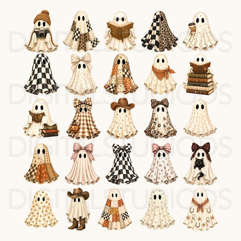 Puede incluir: Una colecci&oacute;n de veinticinco fantasmas ilustrados dispuestos en una cuadr&iacute;cula. Cada fantasma presenta accesorios o patrones &uacute;nicos, incluyendo estampados de cuadros, manchas de leopardo, lazos, sombreros de vaquero, libros, calabazas, un gato negro y tazas de caf&eacute;.