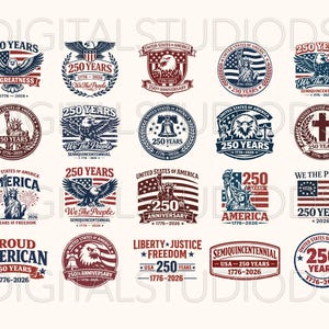 May include: A collection of patriotic designs celebrating 250 years of American history. The designs feature eagles, flags, the Statue of Liberty, and the text "250 Years" and "United States of America" in red, white, and blue.