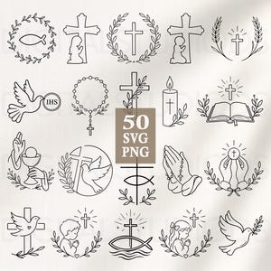 Może przedstawiać: Zbiór 50 czarno-białych grafik religijnych SVG i PNG. Ilustracje obejmują krzyże, gołębie, różańce, modlące się postacie i inne symbole chrześcijańskie. Projekty to proste rysunki liniowe.