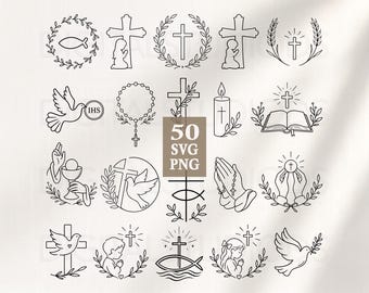 May include: A set of 50 black and white SVG and PNG religious illustrations. The collection features crosses, doves, rosaries, praying figures, and other Christian symbols. The designs are simple line drawings.