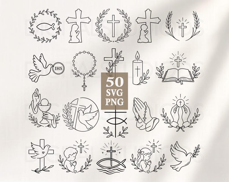 May include: A set of 50 black and white SVG and PNG religious illustrations. The collection features crosses, doves, rosaries, praying figures, and other Christian symbols. The designs are simple line drawings.