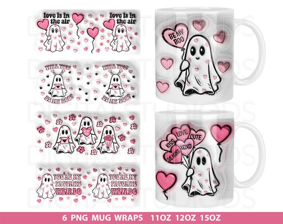 Valentine Ghost Mug Press Sublimation Design, 3D Valentine's Day Mug Sublimation, Ghost Valentine Mug Full Wrap Template, 11oz 12oz 15oz png