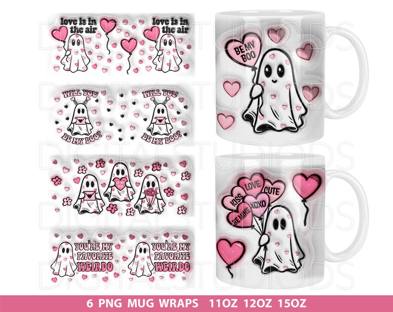 Design per sublimazione della stampa della tazza fantasma di San Valentino, sublimazione della tazza di San Valentino 3D, modello avvolgente completo della tazza di San Valentino fantasma, 11 once 12 once 15 once png immagine 1