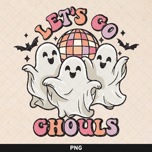 Może przedstawiać: Trzy kreskówkowe duchy tańczą wokół dyskotekowej kuli z tekstem "Let's Go Ghouls" w retro czcionce.