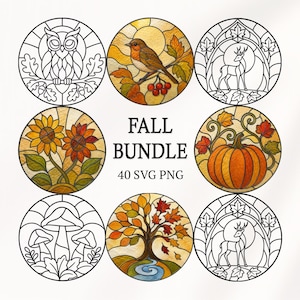 May include: A collection of eight circular designs featuring stained glass style illustrations of an owl, a robin, a deer, sunflowers, a pumpkin, mushrooms, and a tree, with the text FALL BUNDLE 40 SVG PNG centered in the middle of the layout.