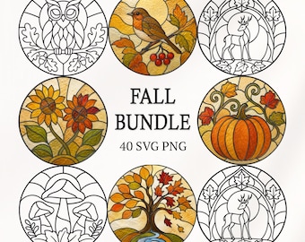 May include: A collection of eight circular designs featuring stained glass style illustrations of an owl, a robin, a deer, sunflowers, a pumpkin, mushrooms, and a tree, with the text FALL BUNDLE 40 SVG PNG centered in the middle of the layout.