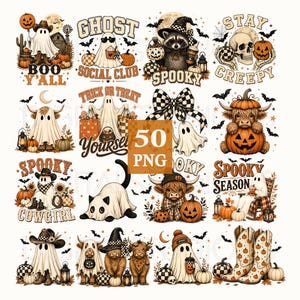 Op de afbeelding: Een verzameling van 50 digitale PNG-bestanden met Halloween-illustraties, waaronder geesten, hooglandrunderen, wasberen, schedels en pompoenen. De ontwerpen bevatten teksten zoals Boo Y'all, Ghost Social Club, Spooky, Stay Creepy, Trick or Treat Yourself, Spooky Cowgirl en Spooky Season in oranje, zwarte en cr&egrave;metinten.