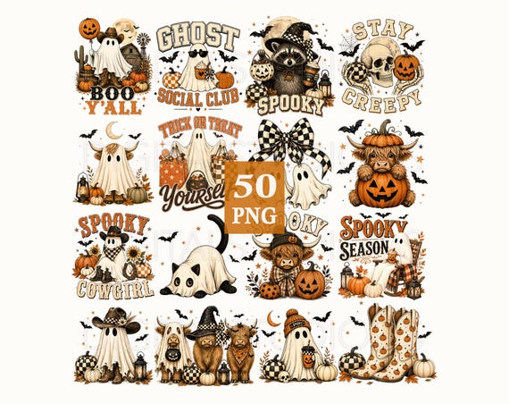 Halloween Ghost PNG Bundle, Spooky Season PNG Designs, Coquette Ghost Clipart, Vintage Halloween Sublimation, Trendy Halloween Shirt Designs