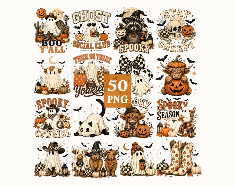 Op de afbeelding: Een verzameling van 50 digitale PNG-bestanden met Halloween-illustraties, waaronder geesten, hooglandrunderen, wasberen, schedels en pompoenen. De ontwerpen bevatten teksten zoals Boo Y'all, Ghost Social Club, Spooky, Stay Creepy, Trick or Treat Yourself, Spooky Cowgirl en Spooky Season in oranje, zwarte en cr&egrave;metinten.