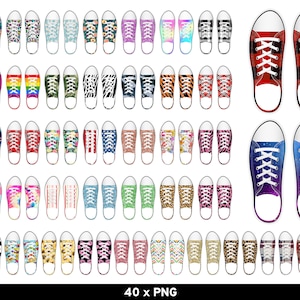 May include: 40 different designs of trainers with various patterns and colours. The trainers are all white with a black outline and laces. The patterns include stripes, polka dots, animal prints, and more.