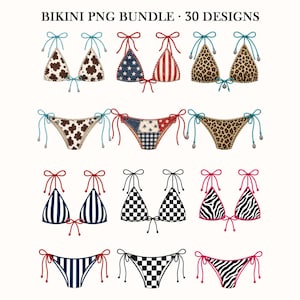Bikini PNG-paket, sommarbaddräkt PNG-designer, leopardko-tryck USA-lapptäcke bikinitop, sublimering av strandskjorta png