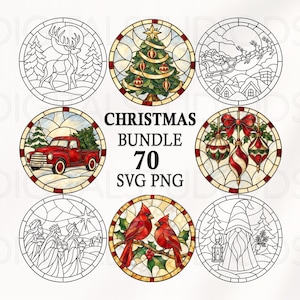 May include: A digital collection of eight circular stained glass style illustrations featuring Christmas themes including a deer, a decorated tree, Santa in a sleigh, a red truck, ornaments, the three wise men, cardinals, and a gnome with text.
