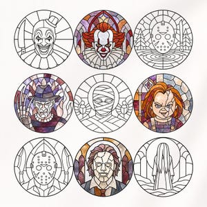 May include: A collection of nine circular illustrations featuring horror characters in stained glass style. The set includes Art the Clown, Pennywise, Jason Voorhees, Freddy Krueger, a mummy, Chucky, a hockey mask, Michael Myers, and Samara.