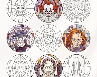 May include: A collection of nine circular illustrations featuring horror characters in stained glass style. The set includes Art the Clown, Pennywise, Jason Voorhees, Freddy Krueger, a mummy, Chucky, a hockey mask, Michael Myers, and Samara.