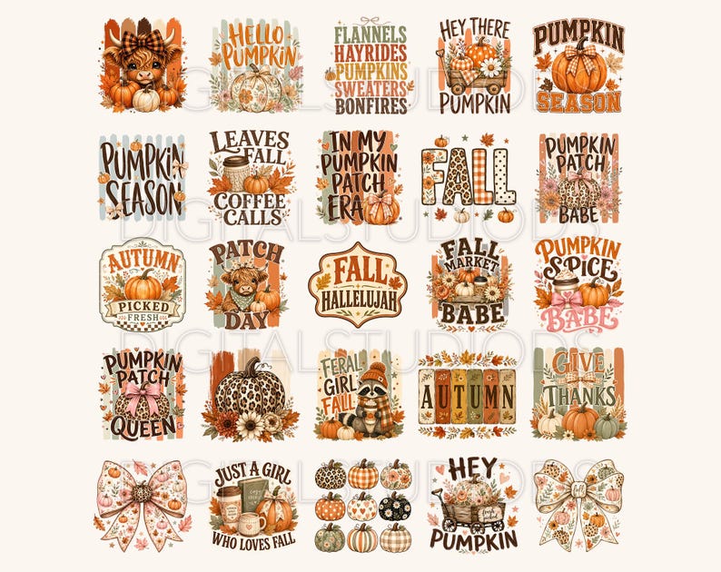 Fall PNG Bundle, Preppy Fall png, Pumpkin Patch png, Coquette Bow png, Pumpkin Spice png, Thanksgiving Sublimation Design image 5