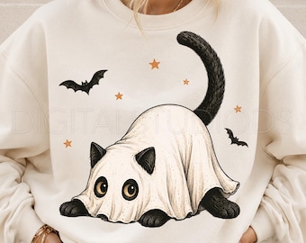 Ghost Cat PNG, Cute Halloween Cat PNG, Vintage Spooky Cat Sublimation Design, Funny Ghost Costume Shirt Graphic, Halloween PNG