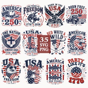 May include: Collection of patriotic designs with red, white, and blue themes. Includes illustrations of a cowboy hat, motorcycle, eagle, and other Americana symbols. Text includes "America", "USA", and "1776".