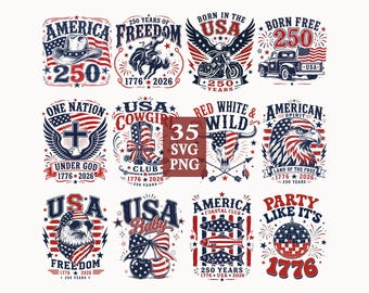 May include: A collection of patriotic designs in red, white, and blue. Features illustrations of a cowboy hat, motorcycle, eagle, and other Americana symbols. Text includes "America", "USA", and "1776".