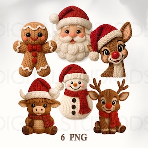 May include: A collection of six Christmas-themed illustrations. Includes a gingerbread man, Santa Claus, a reindeer, a snowman, a Highland cow, and a reindeer, all wearing festive hats and scarves. The text "6 PNG" is at the bottom.