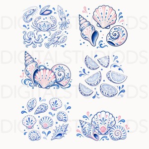 May include: Watercolor illustrations of marine life and elements. The image features detailed drawings of seashells, seafood, and citrus fruit slices in shades of blue, pink, and white. The designs are arranged in circular compositions with decorative water splashes.