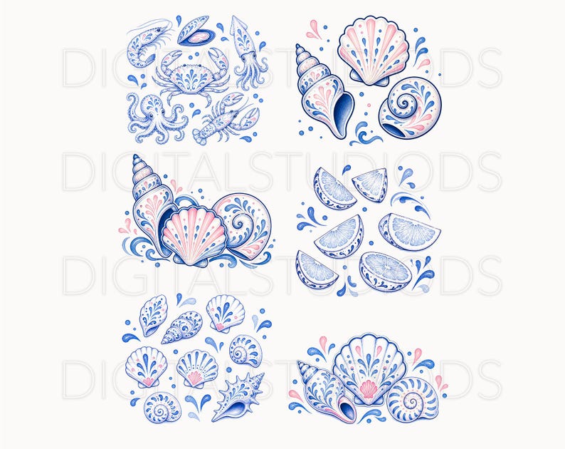 May include: Watercolor illustrations of marine life and elements. The image features detailed drawings of seashells, seafood, and citrus fruit slices in shades of blue, pink, and white. The designs are arranged in circular compositions with decorative water splashes.