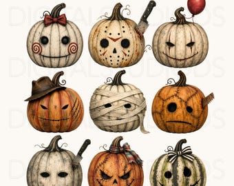 May include: A digital collection of nine horror-themed pumpkins labeled 20 HORROR PUMPKINS PNG. The pumpkins feature various designs including a red bow, a hockey mask with a knife, a red balloon, a brown hat, bandages, stitches, and a striped bow.