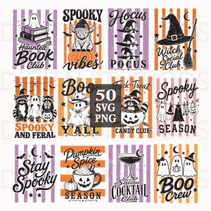 May include: A collection of twelve Halloween-themed digital graphic designs featuring ghosts, pumpkins, witches' hats, raccoons, and text such as Haunted Book Club, Spooky Vibes, Hocus Pocus, Witch Social Club, Spooky and Feral, Boo Y'all, Candy Club, Spooky Season, Stay Spooky, Pumpkin Spice Season, Salem Cocktail Club, and Boo Crew.