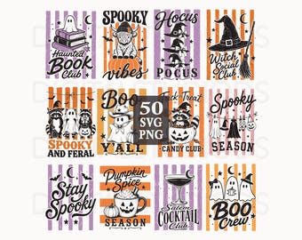 May include: A collection of twelve Halloween-themed digital graphic designs featuring ghosts, pumpkins, witches' hats, raccoons, and text such as Haunted Book Club, Spooky Vibes, Hocus Pocus, Witch Social Club, Spooky and Feral, Boo Y'all, Candy Club, Spooky Season, Stay Spooky, Pumpkin Spice Season, Salem Cocktail Club, and Boo Crew.