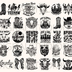 May include: A collection of black and white Western-themed graphics. Designs include cowboy boots, skulls, cacti, horses, and text such as "Yeehaw," "Cowgirl Boots," and "Wild West." The graphics are suitable for various craft projects.