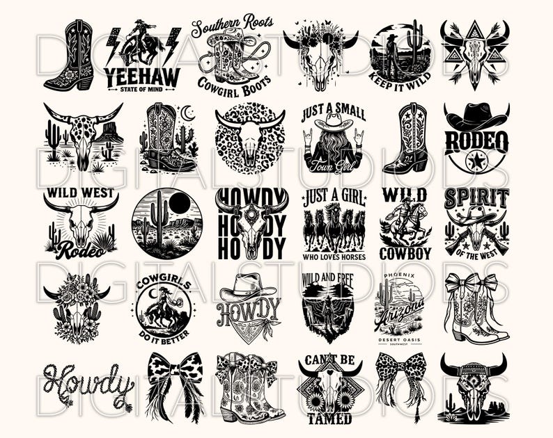 May include: A collection of black and white Western-themed graphics. Designs include cowboy boots, skulls, cacti, horses, and text such as "Yeehaw," "Cowgirl Boots," and "Wild West." The graphics are suitable for various craft projects.