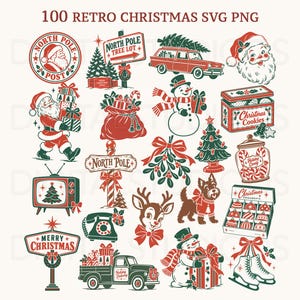 May include: A collection of 100 retro Christmas SVG PNG graphics featuring red and green illustrations of Santa Claus, snowmen, reindeer, vintage cars, Christmas trees, gift boxes, candy canes, ornaments, and signs with text like North Pole.