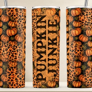 Pumpkin Junkie Tumbler png, Autumn Tumbler Wrap, Fall Tumbler png, Pumpkin Leopard Tumbler Design, 20 oz Skinny Tumbler Digital Download