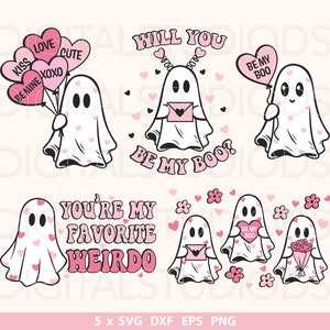 May include: Five digital illustrations of ghosts with pink hearts and text. The text includes "Will you be my boo?", "You're my favourite weirdo", and "Be my boo".