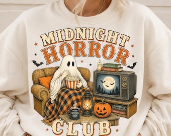 Midnight Horror Club PNG, Cozy Ghost Movie Night Sublimation Design, Vintage Halloween Horror Shirt Graphic, Spooky Season PNG