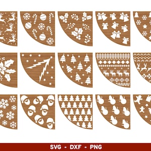 Puede incluir: Conjunto de 12 archivos SVG, DXF y PNG con varios diseños de faldas de árbol de Navidad. Los diseños incluyen copos de nieve, renos, bastones de caramelo, adornos, acebo y más.