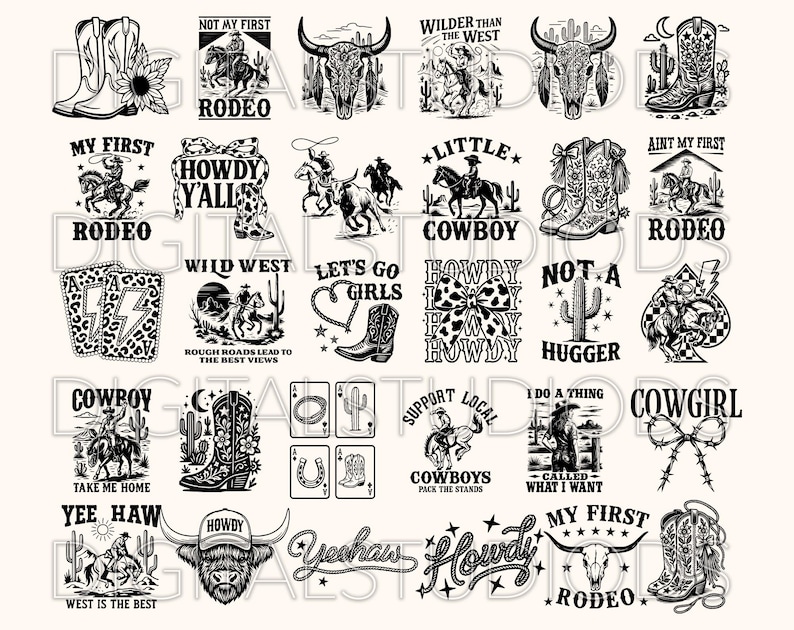 May include: A collection of black and white Western-themed graphics. Designs include cowboy boots, rodeo riders, steer skulls, cacti, playing cards, and text such as "Howdy Y'all" and "My First Rodeo."