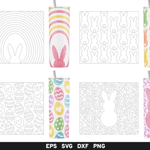 May include: A set of eight printable designs for sublimation tumblers featuring Easter themes. The designs include a rainbow, bunny rabbits, eggs, and a leopard print. The designs are in black and white.