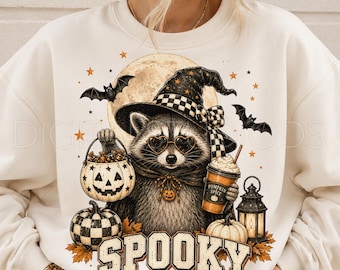 Spooky Raccoon PNG, Witch Raccoon Halloween PNG, Cute Witchy Raccoon Sublimation Design, Pumpkin Spice Fall Shirt Graphic, spooky png