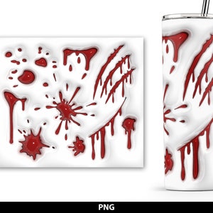 May include: White tumbler with red blood splatter and claw marks. The design is repeated on a smaller white square.