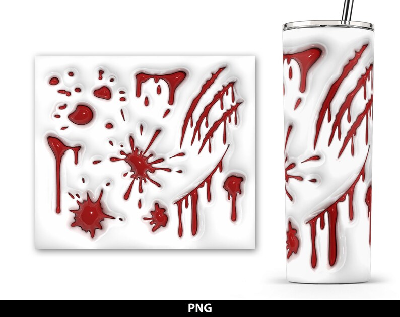 May include: White tumbler with red blood splatter and claw marks. The design is repeated on a smaller white square.