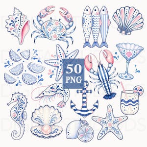 May include: A collection of watercolor illustrations featuring marine life and coastal elements. Includes a crab, fish, lobster, starfish, seahorse, seashells, lemon slices, and a cocktail. The designs are in blue, pink, and white, with floral patterns. The text "50 PNG" is in the center.