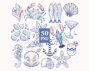 May include: A set of watercolour illustrations depicting marine life and coastal elements. Includes a crab, fish, lobster, starfish, seahorse, seashells, lemon slices, and a cocktail. The designs are in blue, pink, and white, with floral patterns. The text "50 PNG" is in the centre.