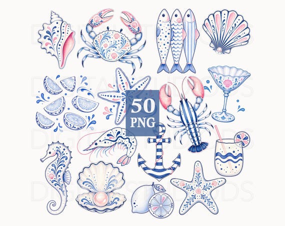 Coastal Clipart PNG Bundle, Ocean Illustrations, Nautical Beach Graphics Set, Preppy Sea Life PNG, Beach Designs, Summer Aesthetic PNG