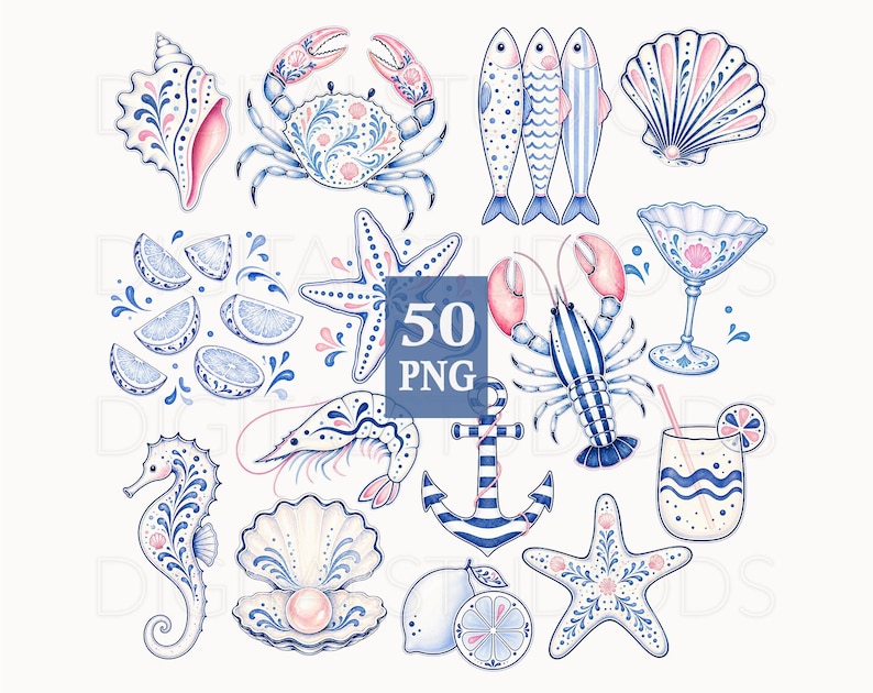 May include: A collection of watercolor illustrations featuring marine life and coastal elements. Includes a crab, fish, lobster, starfish, seahorse, seashells, lemon slices, and a cocktail. The designs are in blue, pink, and white, with floral patterns. The text "50 PNG" is in the center.