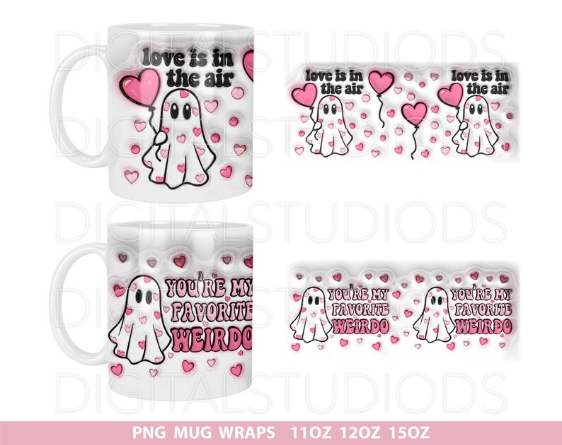 Pu&ograve; includere: Una tazza in ceramica bianca con un fantasma rosa che tiene un palloncino a forma di cuore rosa. La tazza ha un motivo a cuori rosa e bianchi e il testo "Love is in the air". La tazza &egrave; anche disponibile con un fantasma rosa e il testo "You're my favorite weirdo".