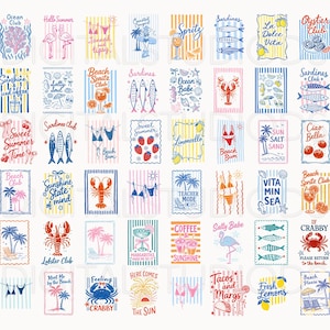 May include: A collection of colorful, illustrated beach-themed designs. Each design features text and imagery such as flamingos, cocktails, fish, and beach scenes. The designs are framed with striped borders in various colors.