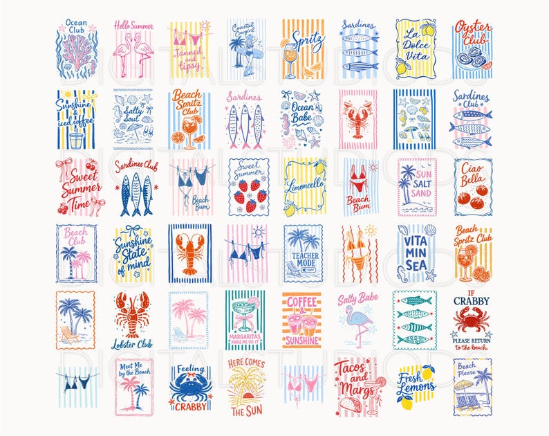 May include: A collection of colorful, illustrated beach-themed designs. Each design features text and imagery such as flamingos, cocktails, fish, and beach scenes. The designs are framed with striped borders in various colors.