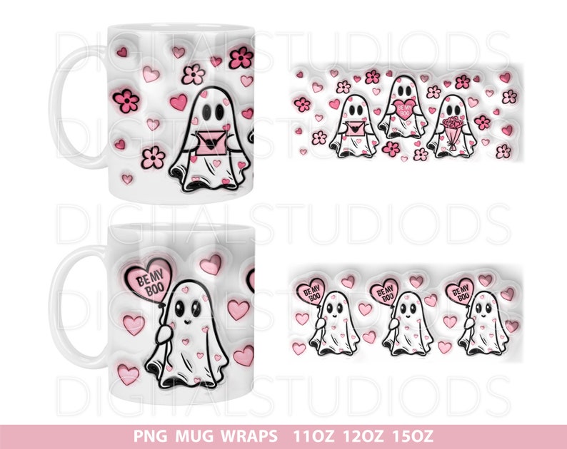 Pu&ograve; includere: Un set di tre involucri per tazze a tema San Valentino con cuori rosa e fantasmi con il testo "Be My Boo". Gli involucri per tazze sono progettati per tazze da 11 oz, 12 oz e 15 oz.