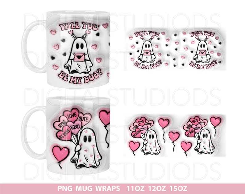 Pu&ograve; includere: Due design per un rivestimento per tazza in ceramica bianca con un fantasma dei cartoni animati che tiene una lettera ed &egrave; circondato da cuori rosa. Il testo sulla tazza dice "Will you be my boo?" Il secondo design presenta un fantasma che tiene palloncini rosa con le parole "Kiss, Love, Be Mine, XOXO, Cute" su di essi.